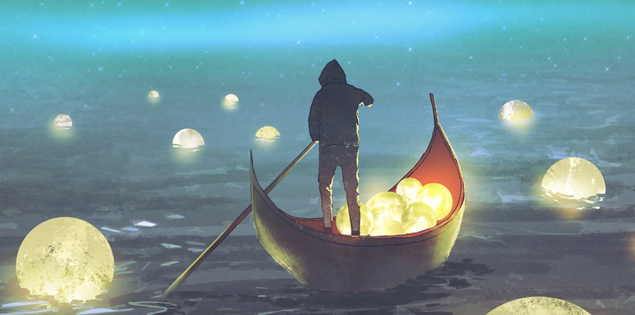 Watercolour Image Of Hooded Figure Standing In Small Boat Collecting Orbs Of Light From A River